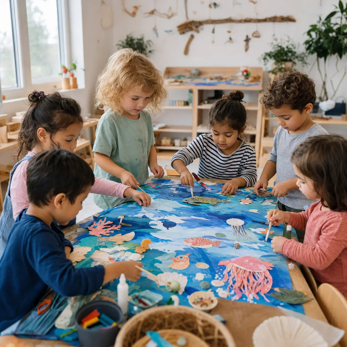 Preschool children creating a collaborative ocean-themed artwork