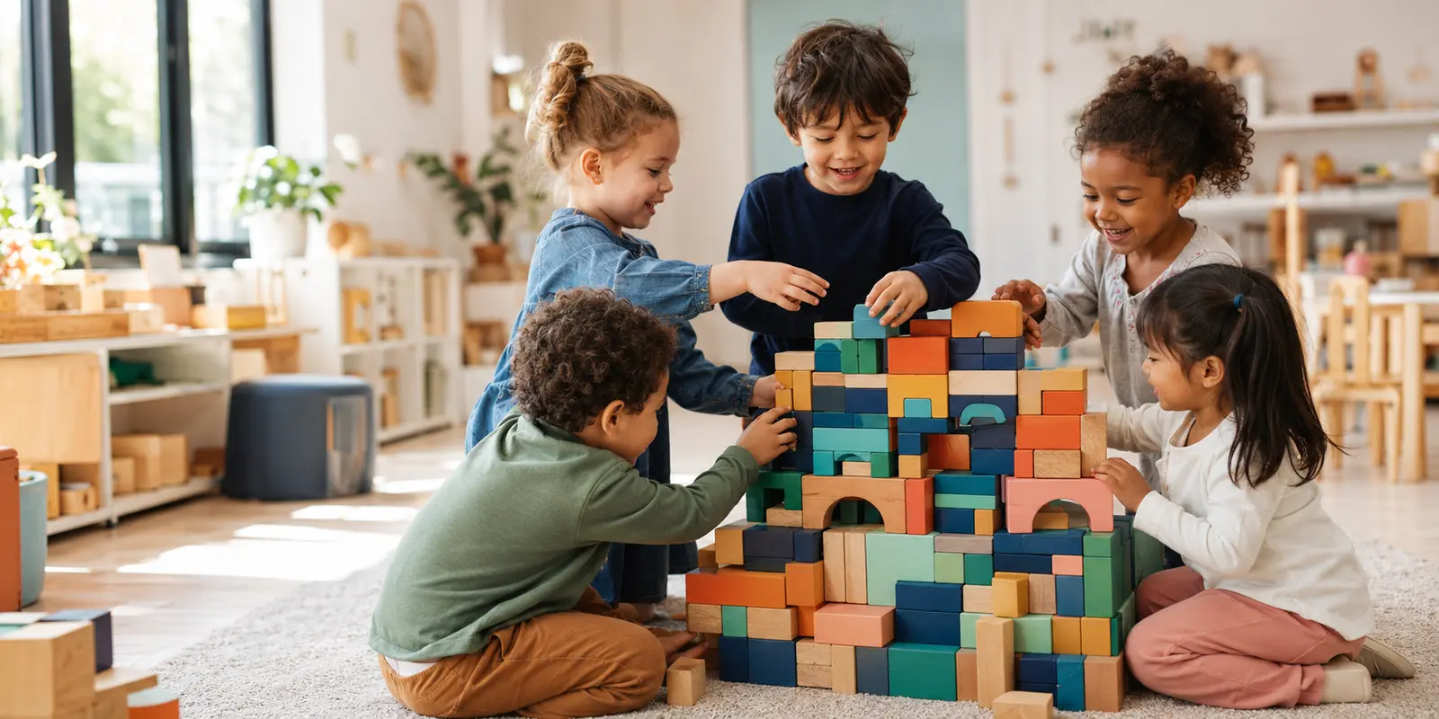 Preschool children working together to build a colourful block structure