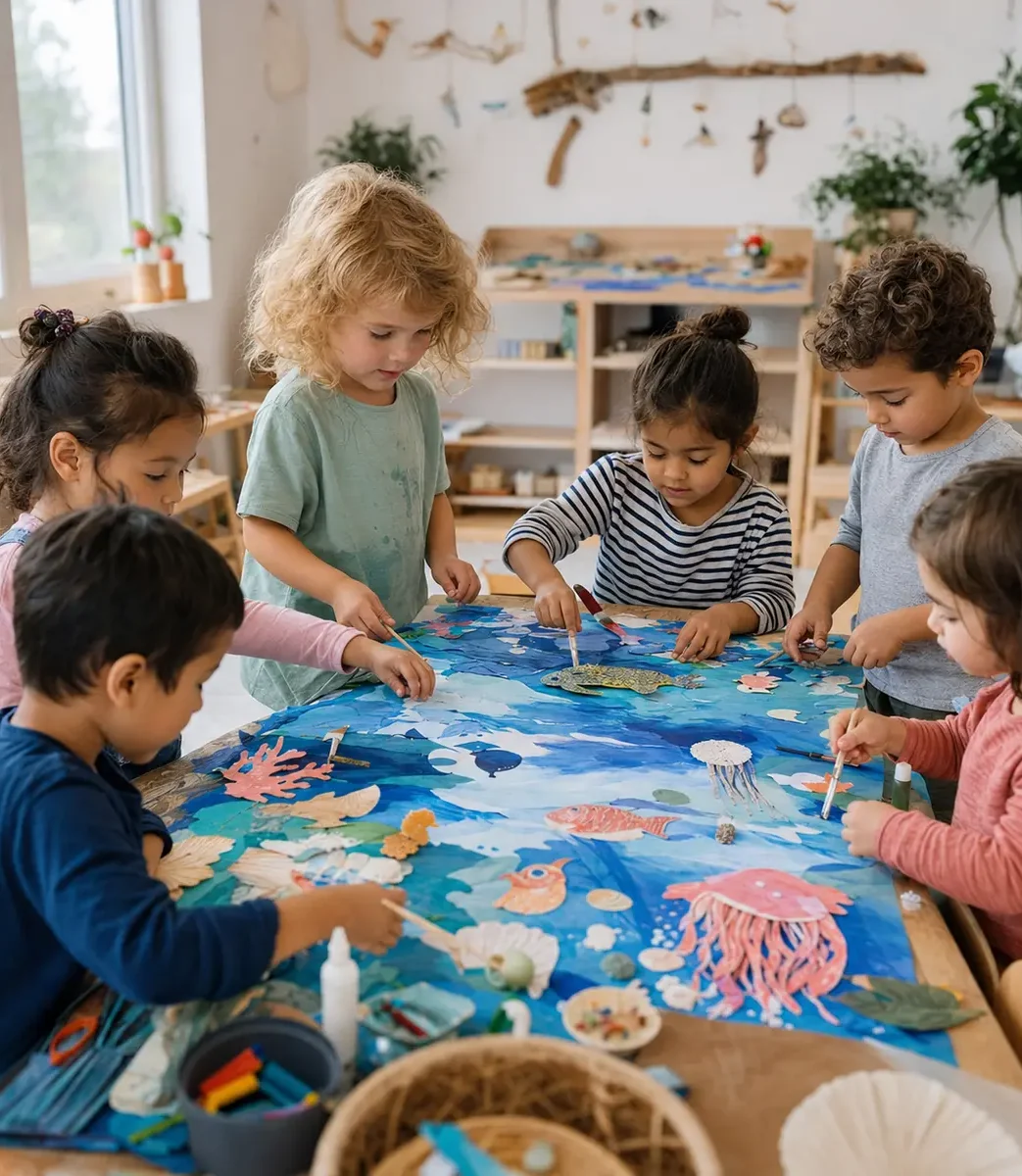 Preschool children creating a collaborative ocean-themed artwork